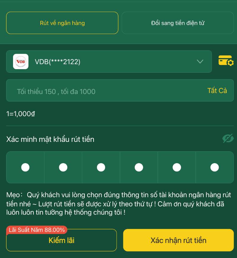 Rút tiền qua ngân hàng